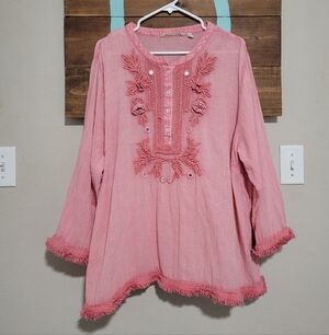 Soft Surroundings Embroidered  Oversized  Coral Popover Tunic Top Size 2X